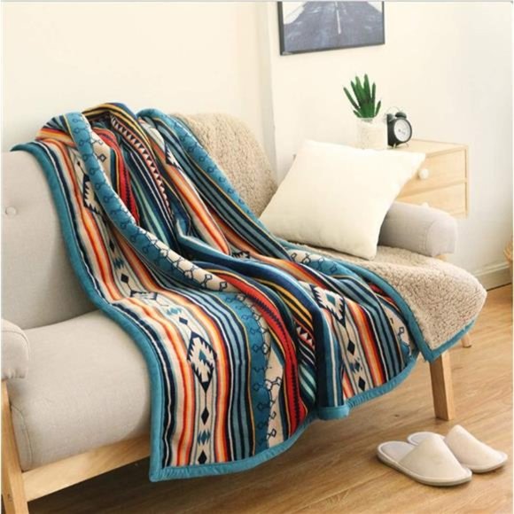 Boho Sherpa Throw 60'' x 50''-Bohemian Soft Plush Flannel Throw Blankets for Bed - Picture 1 of 6